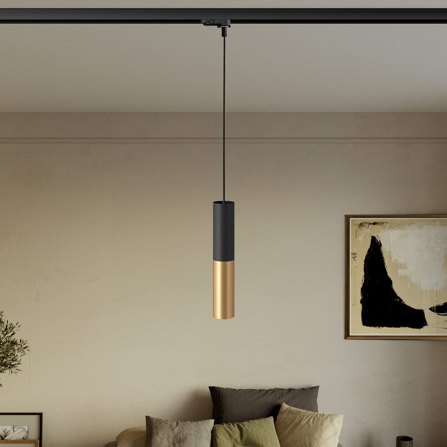 Lampada a sospensione per binari con doppio paralume Tub-E14  - Nero e Bronzo satinato