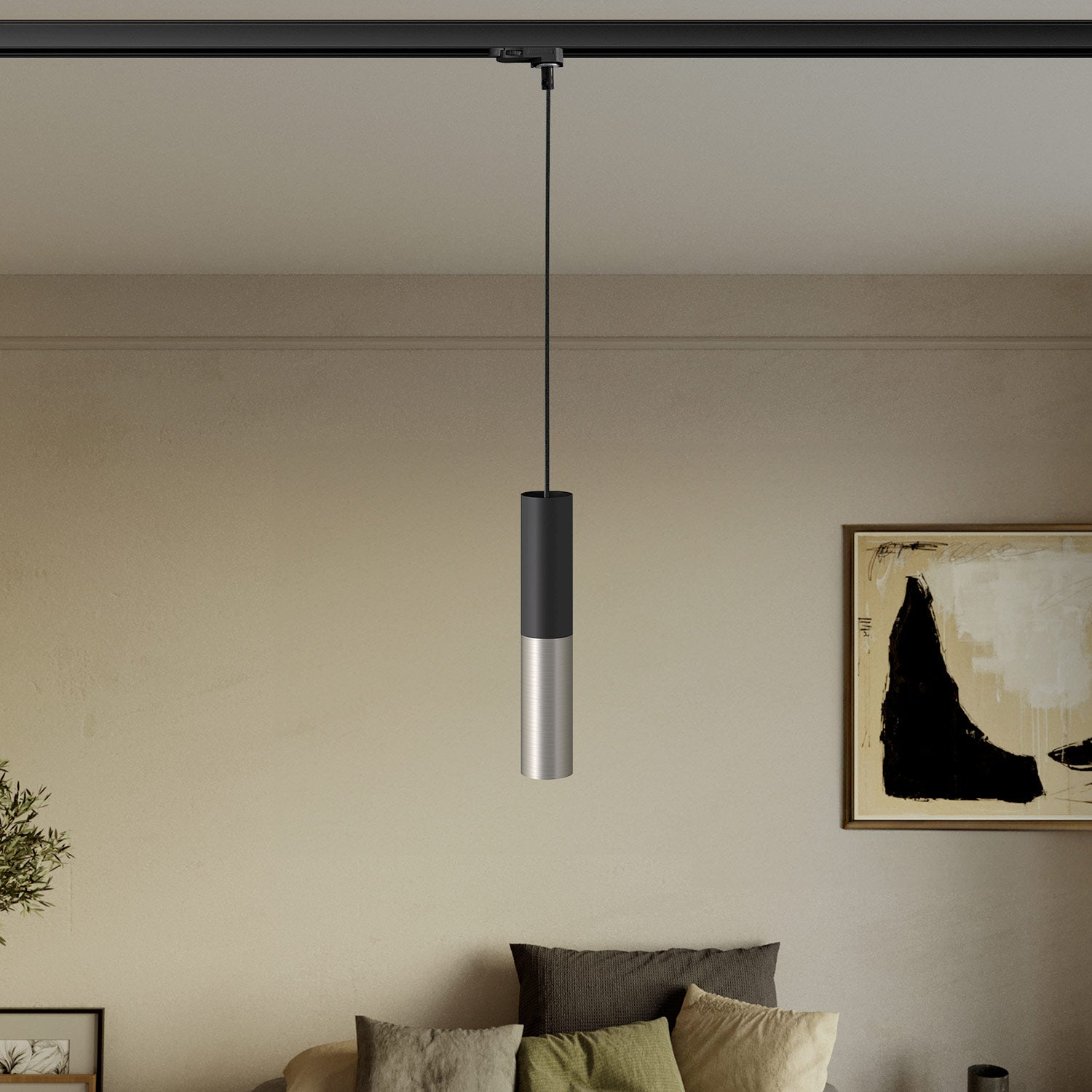 Lampada a sospensione per binari con doppio paralume Tub-E14  - Nero e Titanio satinato