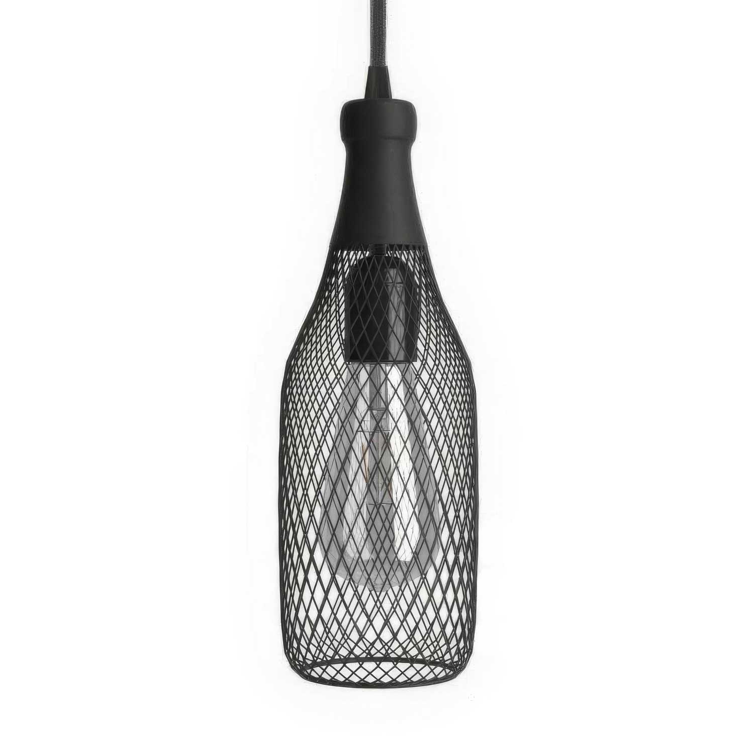 Lampada a sospensione completa di cavo tessile, paralume bottiglia Magnum e finiture in metallo - Nero