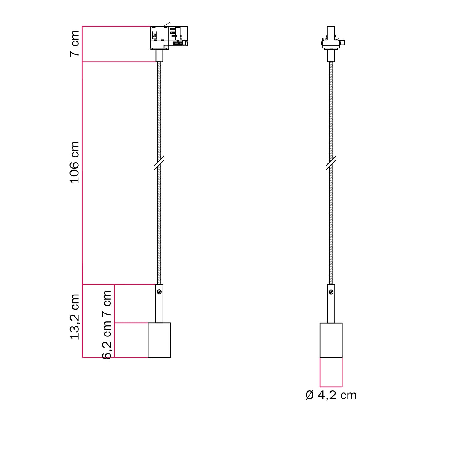 Lampada a sospensione per binario con serracavo da 7cm  - Nero