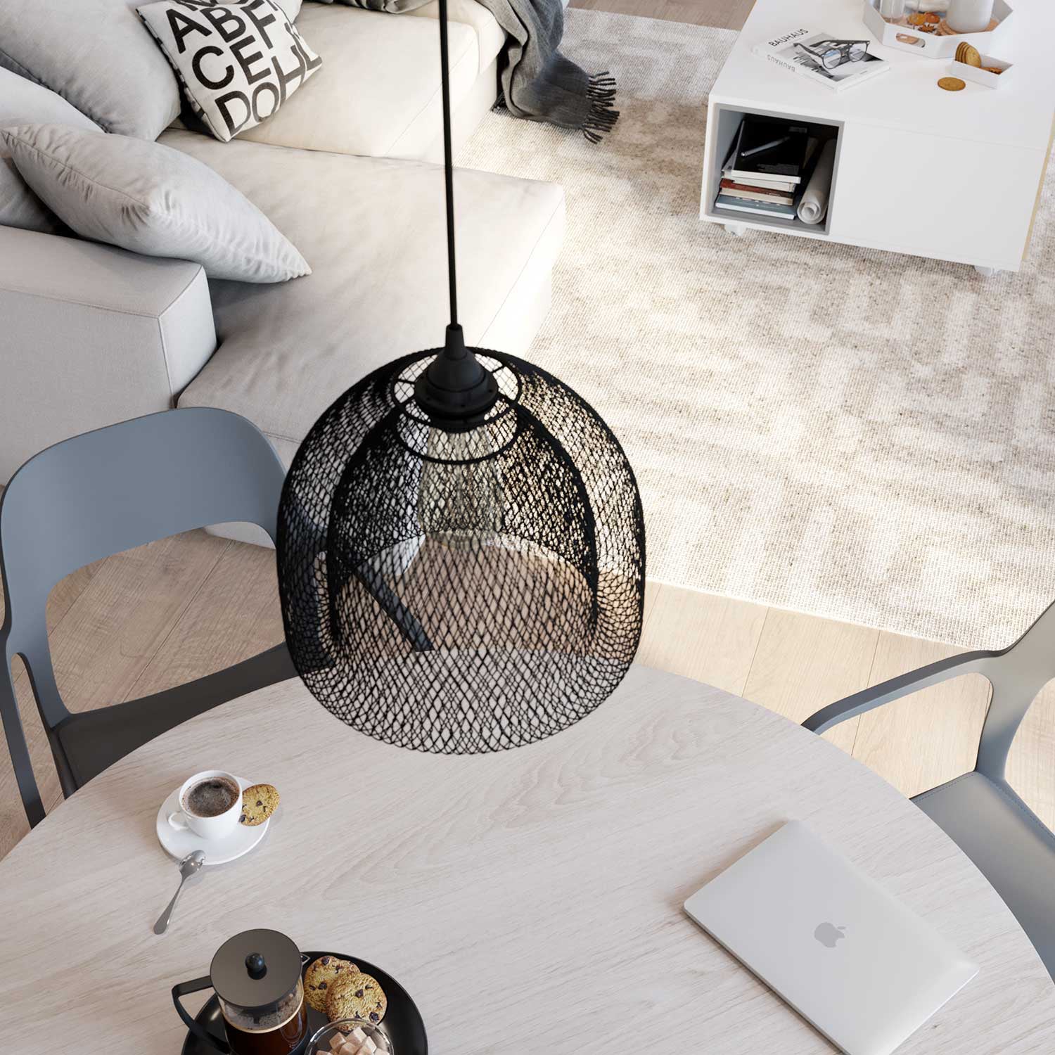 Lampada a sospensione completa di cavo tessile, paralume gabbia Ghostbell XL e finiture in metallo - Nero