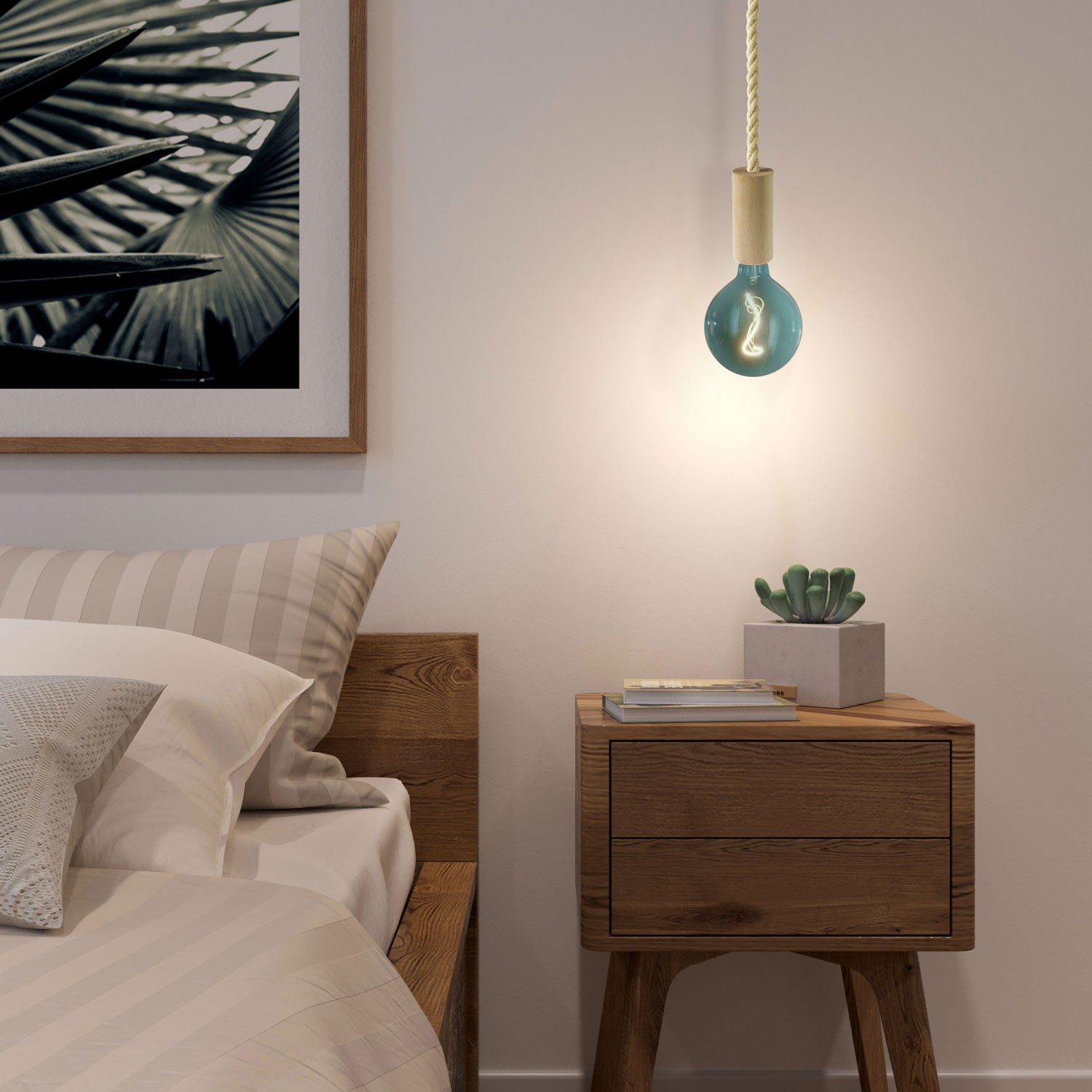 Lampada a sospensione completa di cordone nautico XL e finiture in legno - Neutro