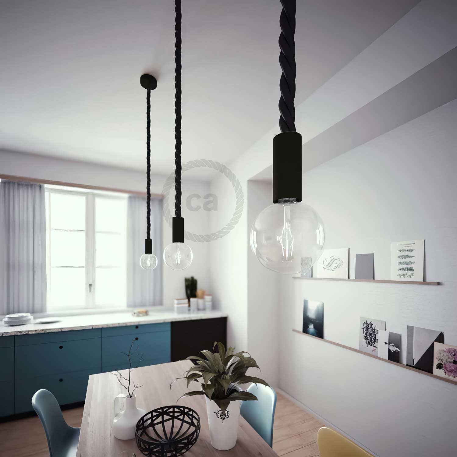 Lampada a sospensione completa di cordone nautico 3XL 30 mm con finiture in legno verniciato - Nero