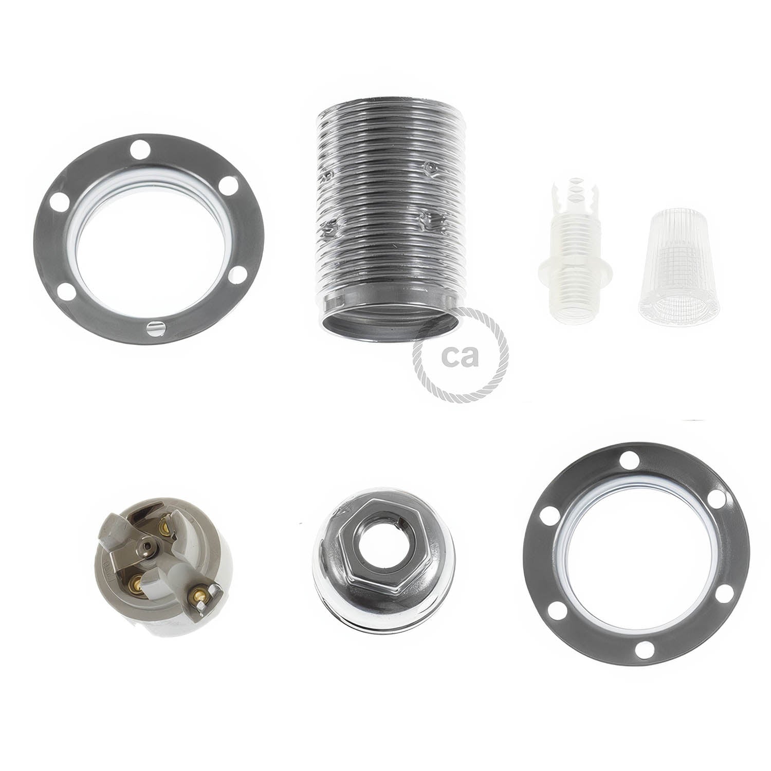Kit portalampada E14 in metallo con doppia ghiera per paralume - Argento