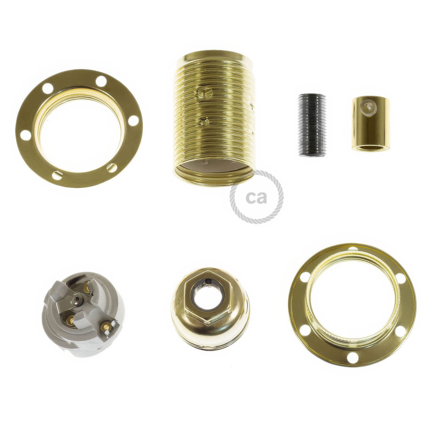 Kit portalampada E14 in metallo con doppia ghiera per paralume - Ottone