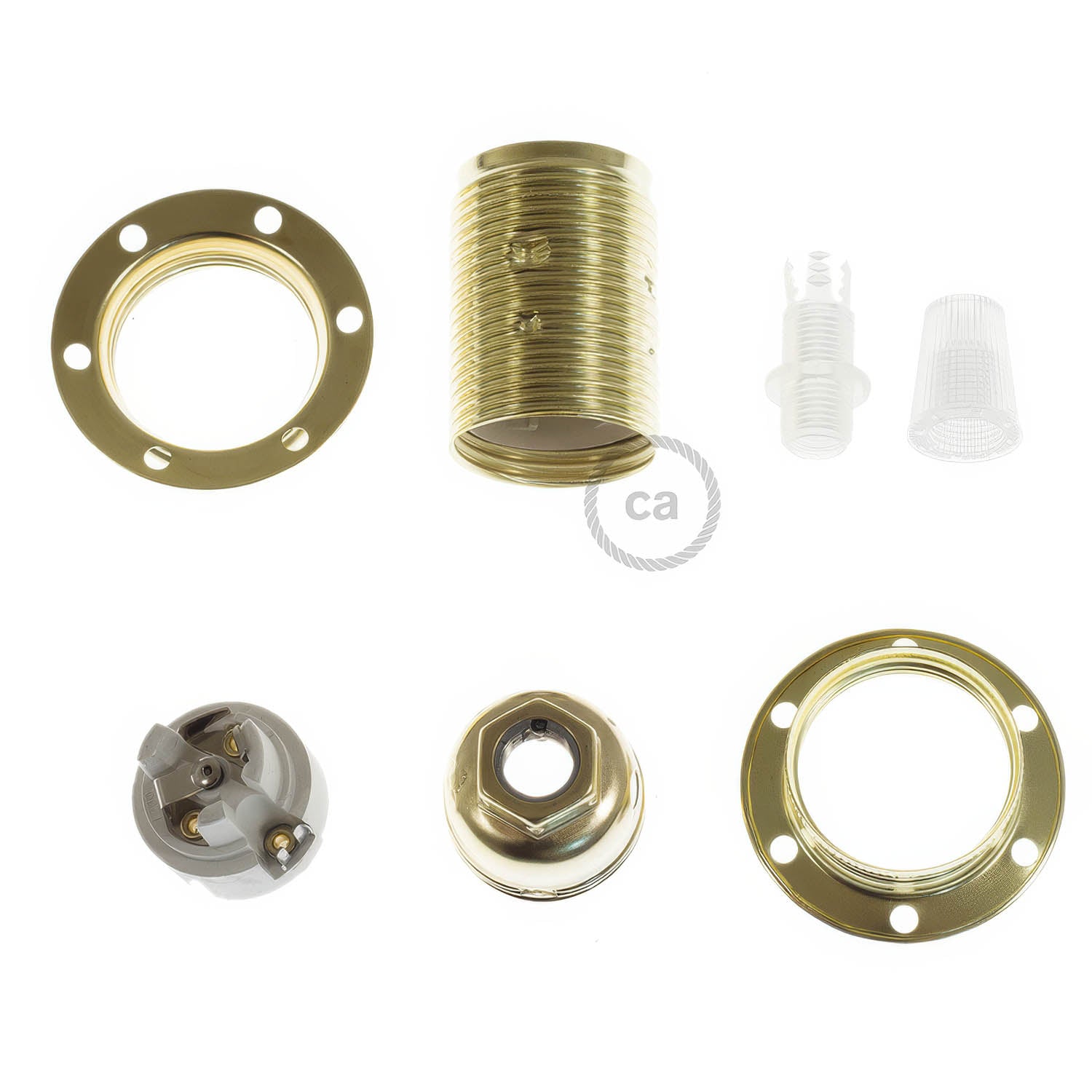 Kit portalampada E14 in metallo con doppia ghiera per paralume - Ottone