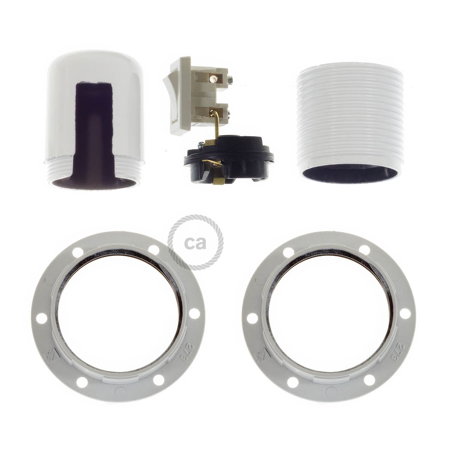 Kit portalampada E27 in bakelite con doppia ghiera per paralume e interruttore - Bianco