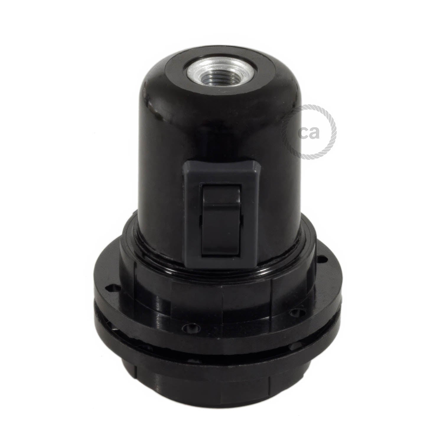 Kit portalampada E27 in bakelite con doppia ghiera per paralume e interruttore - Nero