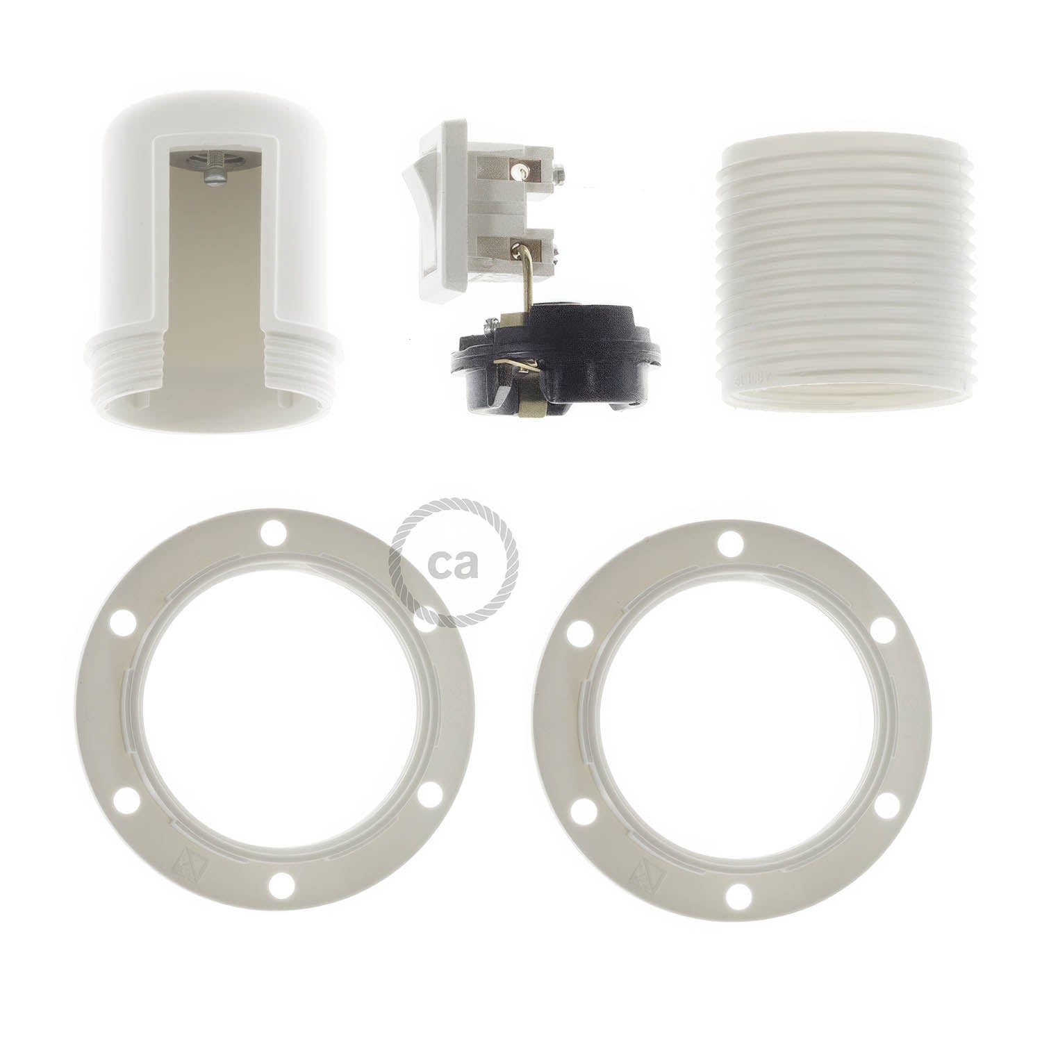 Kit portalampada E27 in termoplastica con doppia ghiera per paralume e interruttore - Bianco