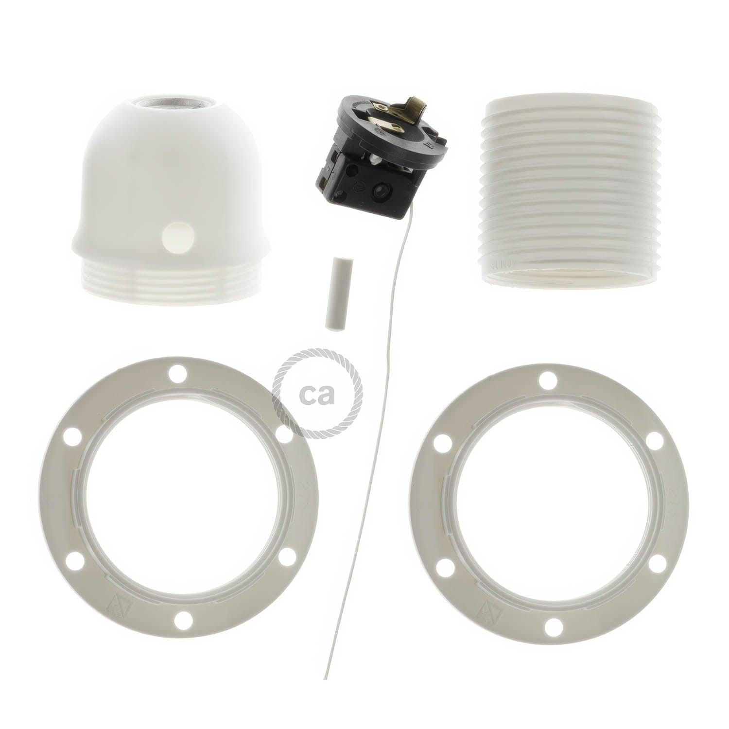 Kit portalampada E27 in termoplastica con doppia ghiera per paralume e interruttore a tirante - Bianco