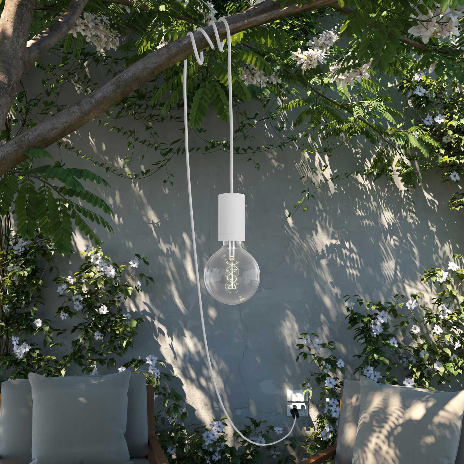 Snake Modulair Elegant, lampada portatile per esterni, 5 m cavo tessile, portalampada IP65 e spina - Bianco