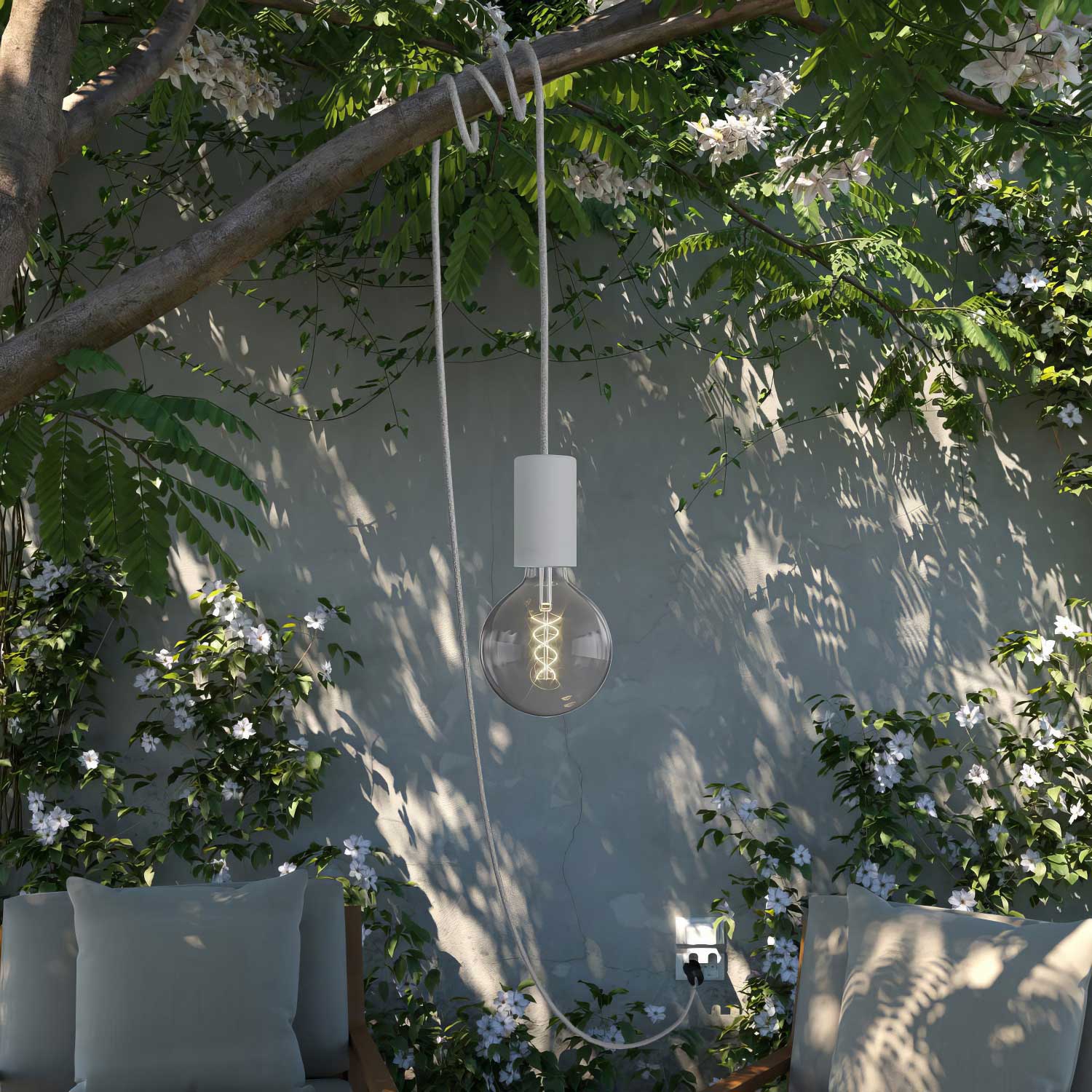 Snake Modulair Elegant, lampada portatile per esterni, 5 m cavo tessile, portalampada IP65 e spina - Grigio ghiaccio