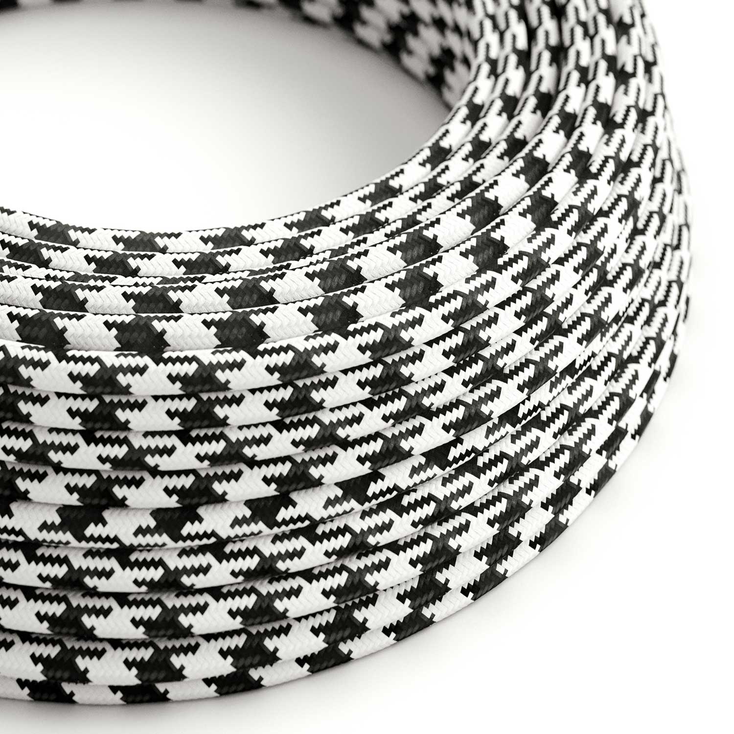 Cavo colorato in tessuto Bianco Ottico e Nero Carbone Pied de Poule lucido - L'Originale Creative Cables - RP04