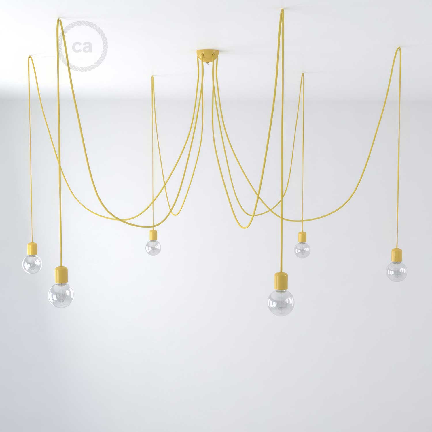 Lampada a sospensione multipla a 6 cadute con finiture in ceramica colorata - Giallo