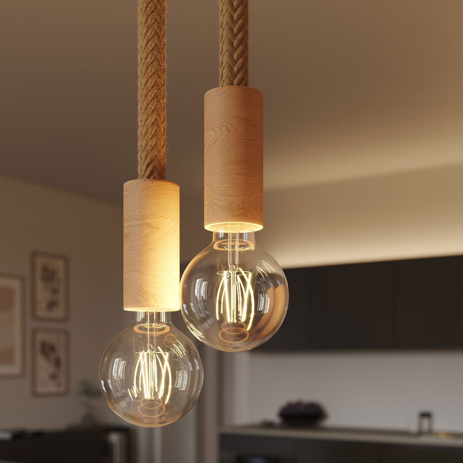 Lampada a sospensione multipla a 2 cadute completa di cordone 2XL e finiture in legno - Neutro