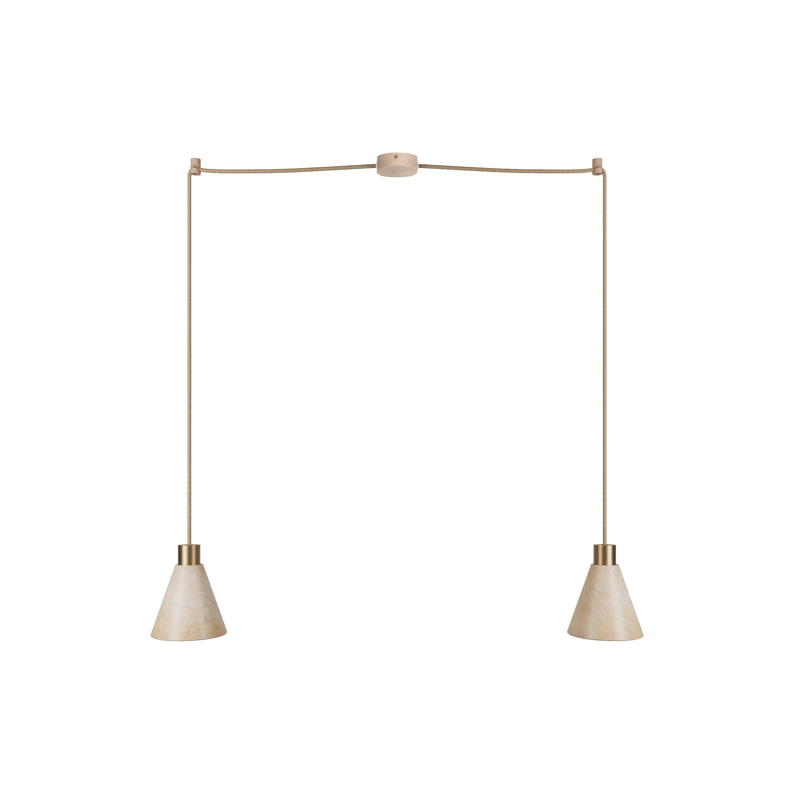 Lampada a sospensione a 2 cadute con paralumi conici in legno - Bronzo satinato