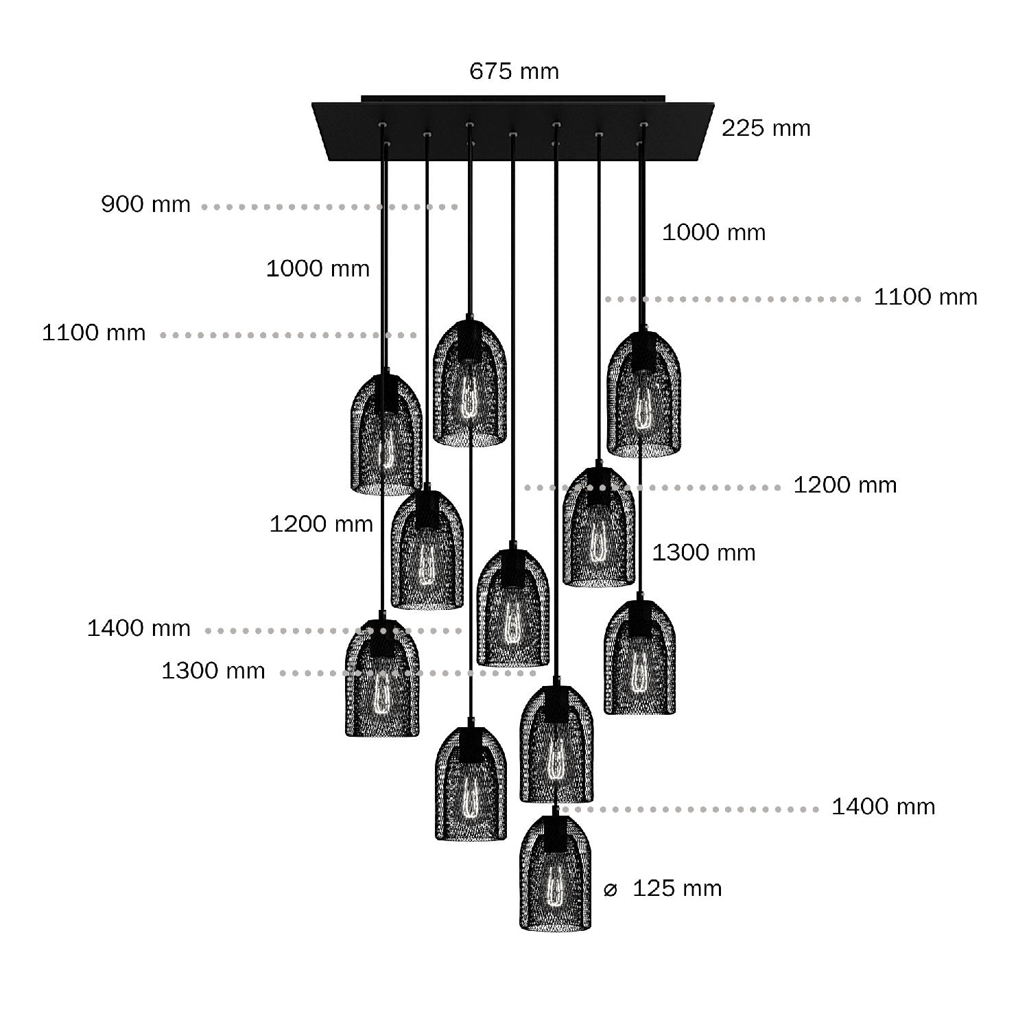 Lampada a sospensione a 11 cadute con XXL Rose-One rettangolare 675 mm con paralume in metallo Ghostbell - Nero opaco