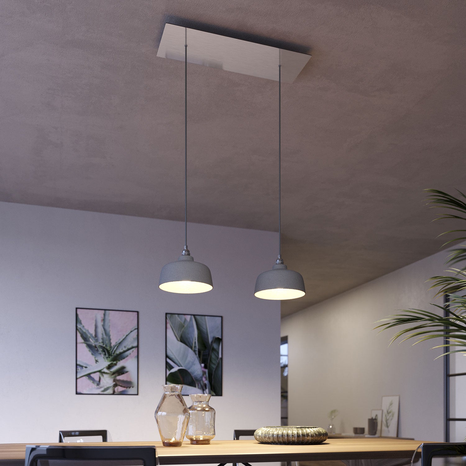 Lampada a sospensione a 2 cadute con XXL Rose-One rettangolare 675 mm con paralume Coppa - Acciaio satinato