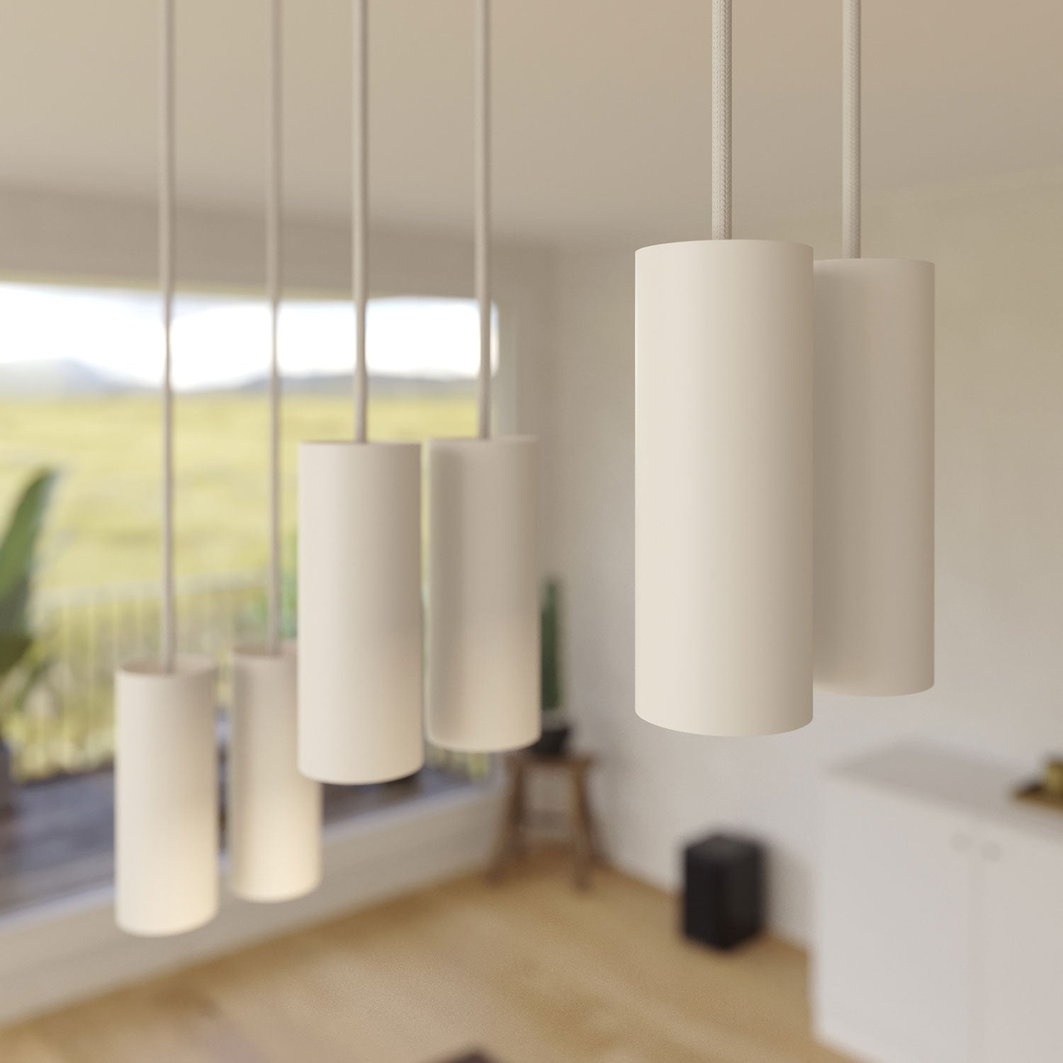 Lampada a sospensione a 6 cadute con XXL Rose-One rettangolare 675 mm con paralume in metallo Tub-E14 - Bianco opaco