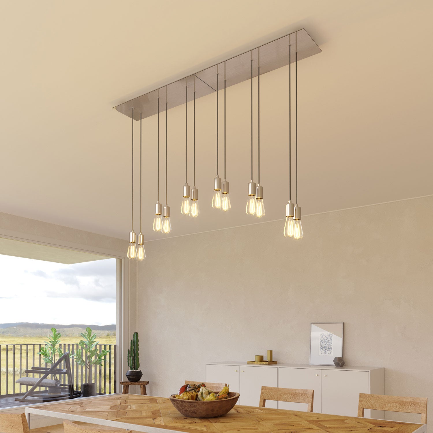 Lampada a sospensione a 6 cadute con XXL Rose-One rettangolare 675 mm con finiture in metallo - Acciaio satinato