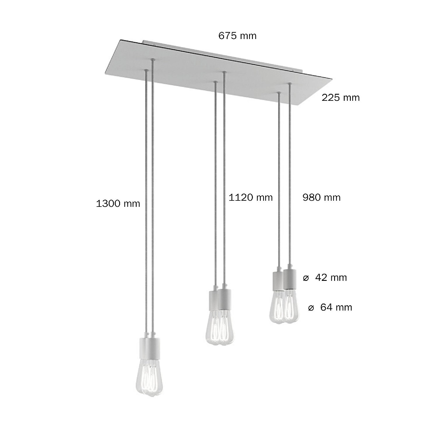 Lampada a sospensione a 6 cadute con XXL Rose-One rettangolare 675 mm con finiture in metallo - Nero opaco
