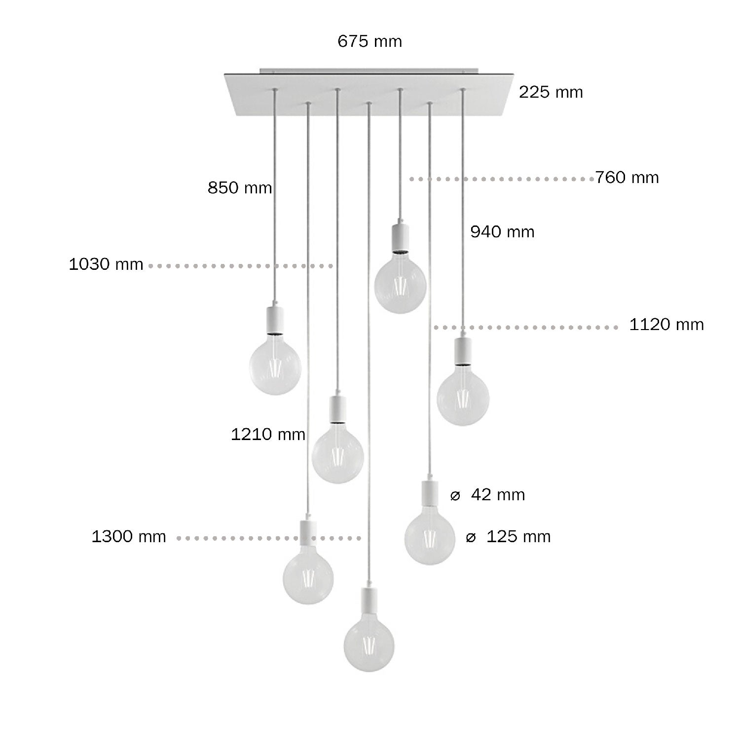 Lampada a sospensione a 7 cadute con XXL Rose-One rettangolare 675 mm con finiture in metallo - Acciaio satinato