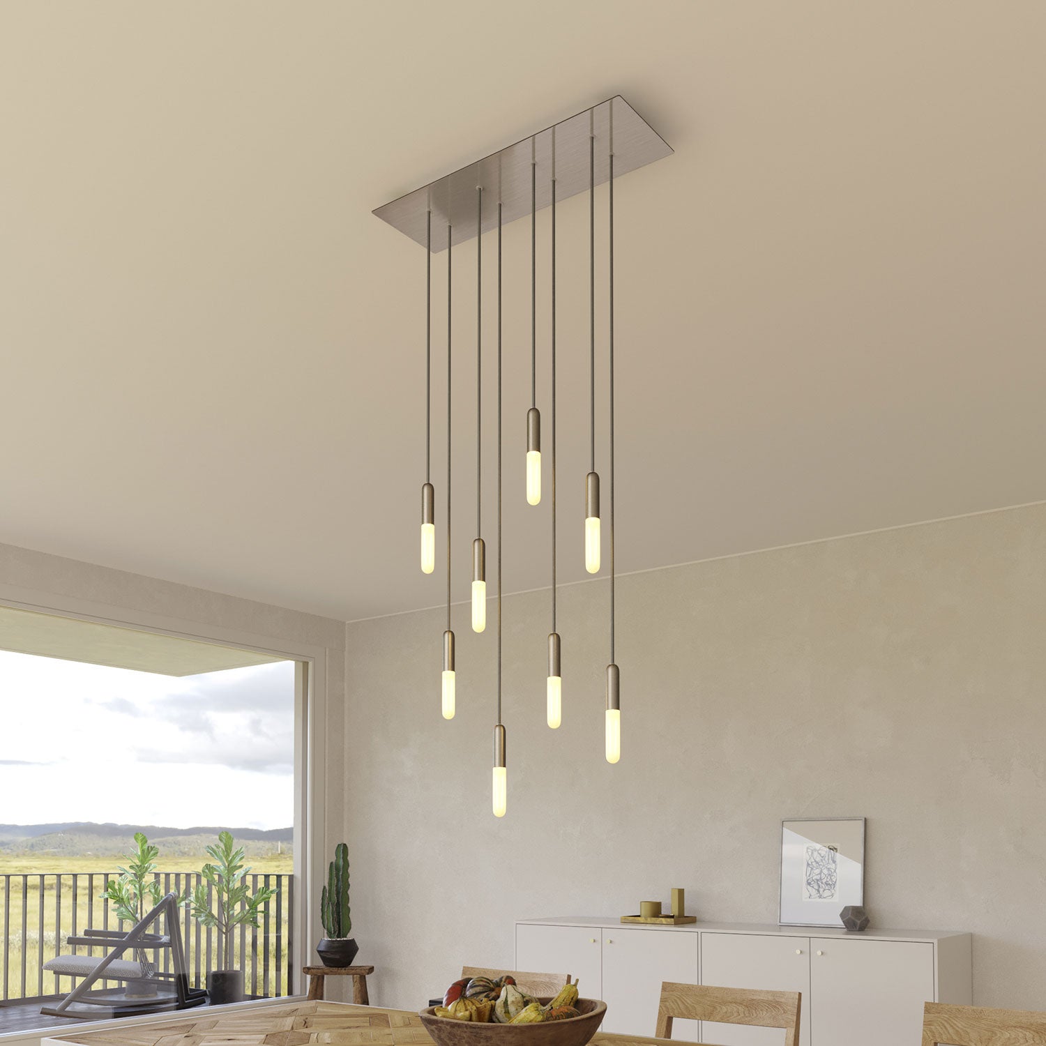 Lampada a sospensione a 8 cadute con XXL Rose-One rettangolare 675 mm con finiture in metallo - Acciaio satinato