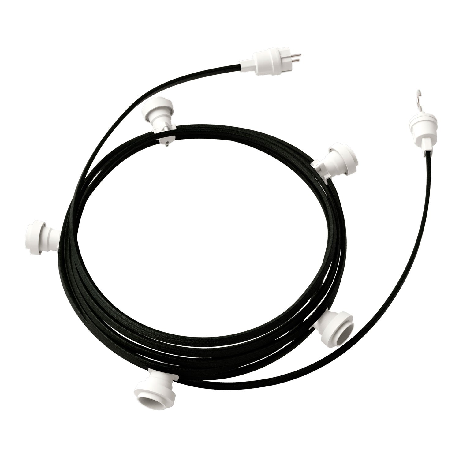 Catenaria Sistema Lumet da 7,5 m con cavo tessile CM04, 5 portalampada, gancio e spina bianchi