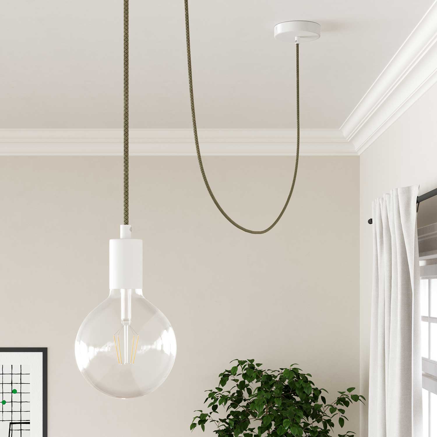 Cavo elettrico in tessuto Verde Timo e Beige Losanga - L'Originale Creative Cables, per decorazioni luminose uniche - RD62