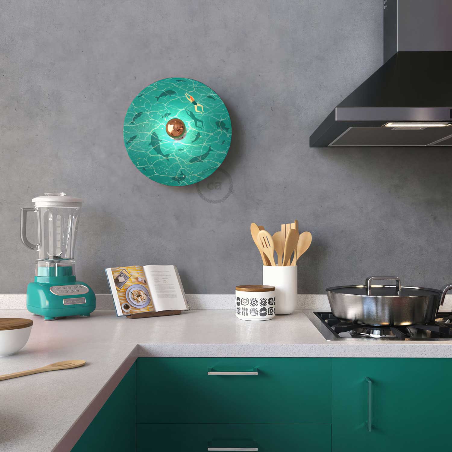 Fermaluce Romantic con paralume UFO in legno double - face illustrato da Davide Bonazzi - Creative Cables