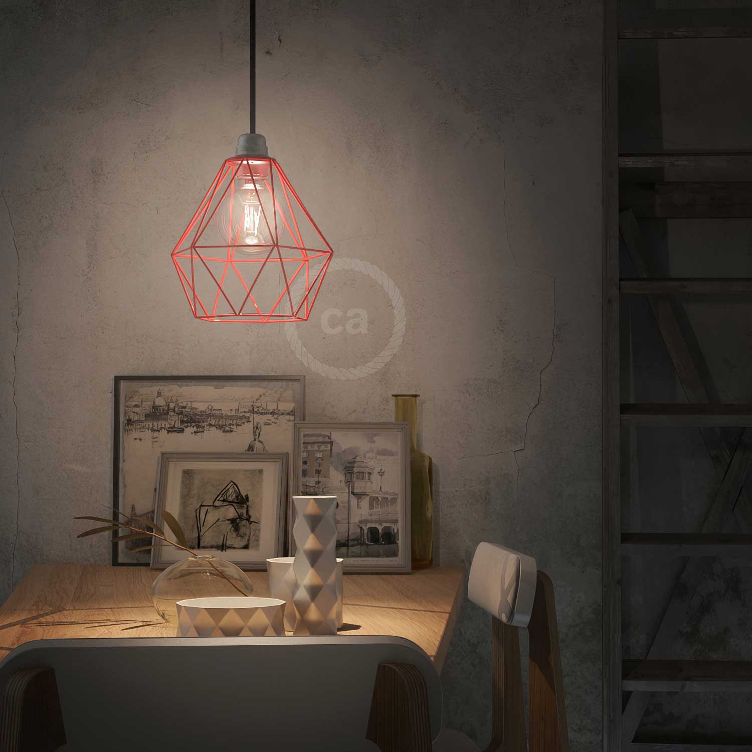 Gabbia paralume Diamond in metallo con attacco E27 - Rosso - Creative Cables