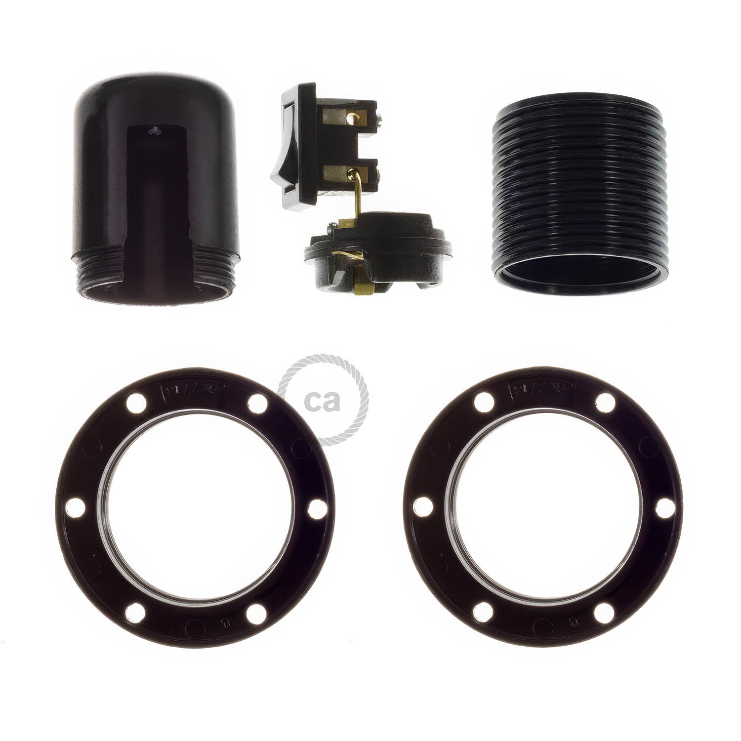 Kit portalampada E27 in bakelite con doppia ghiera per paralume e interruttore - Nero