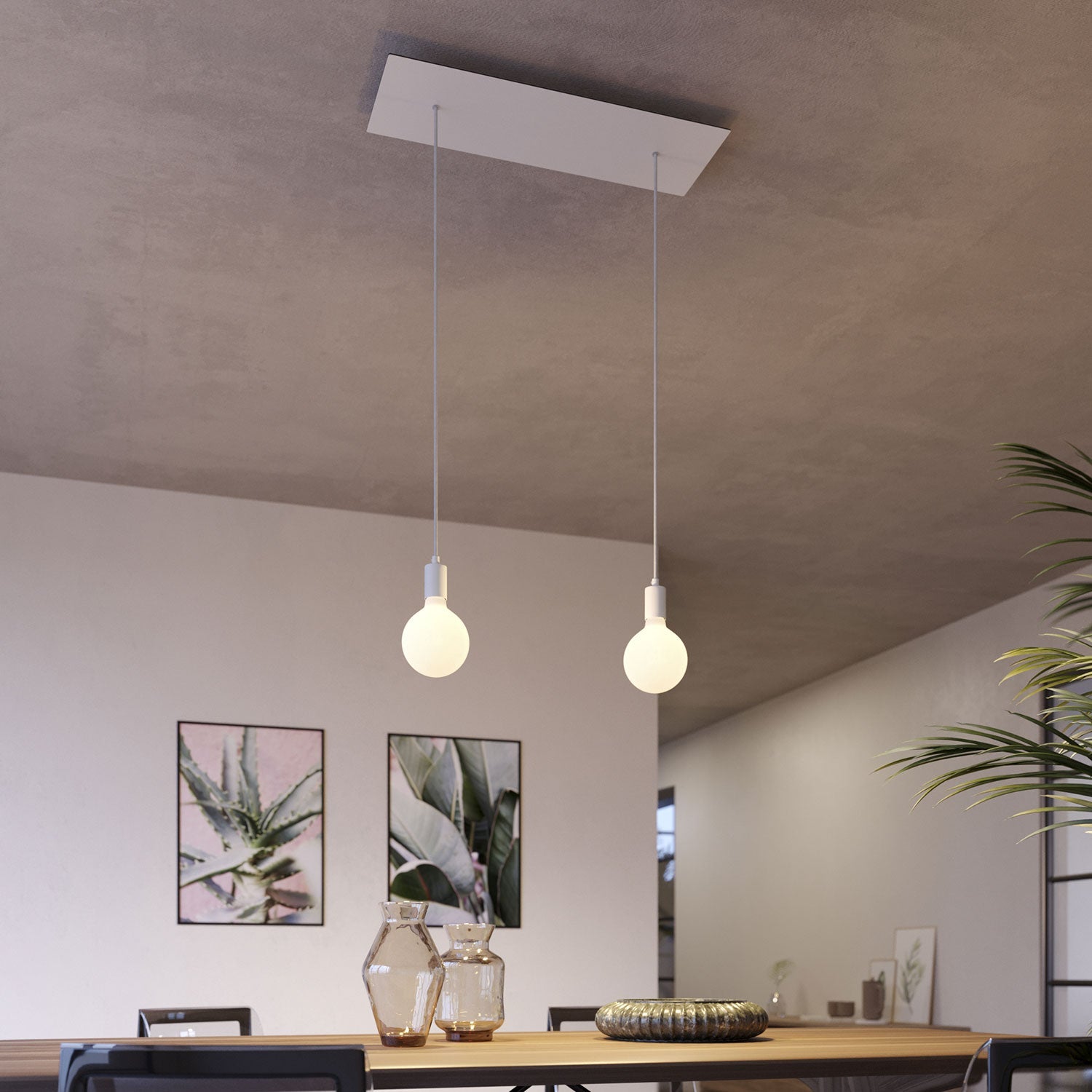Lampada a sospensione a 2 cadute con XXL Rose-One rettangolare 675 mm con finiture in metallo - Bianco opaco