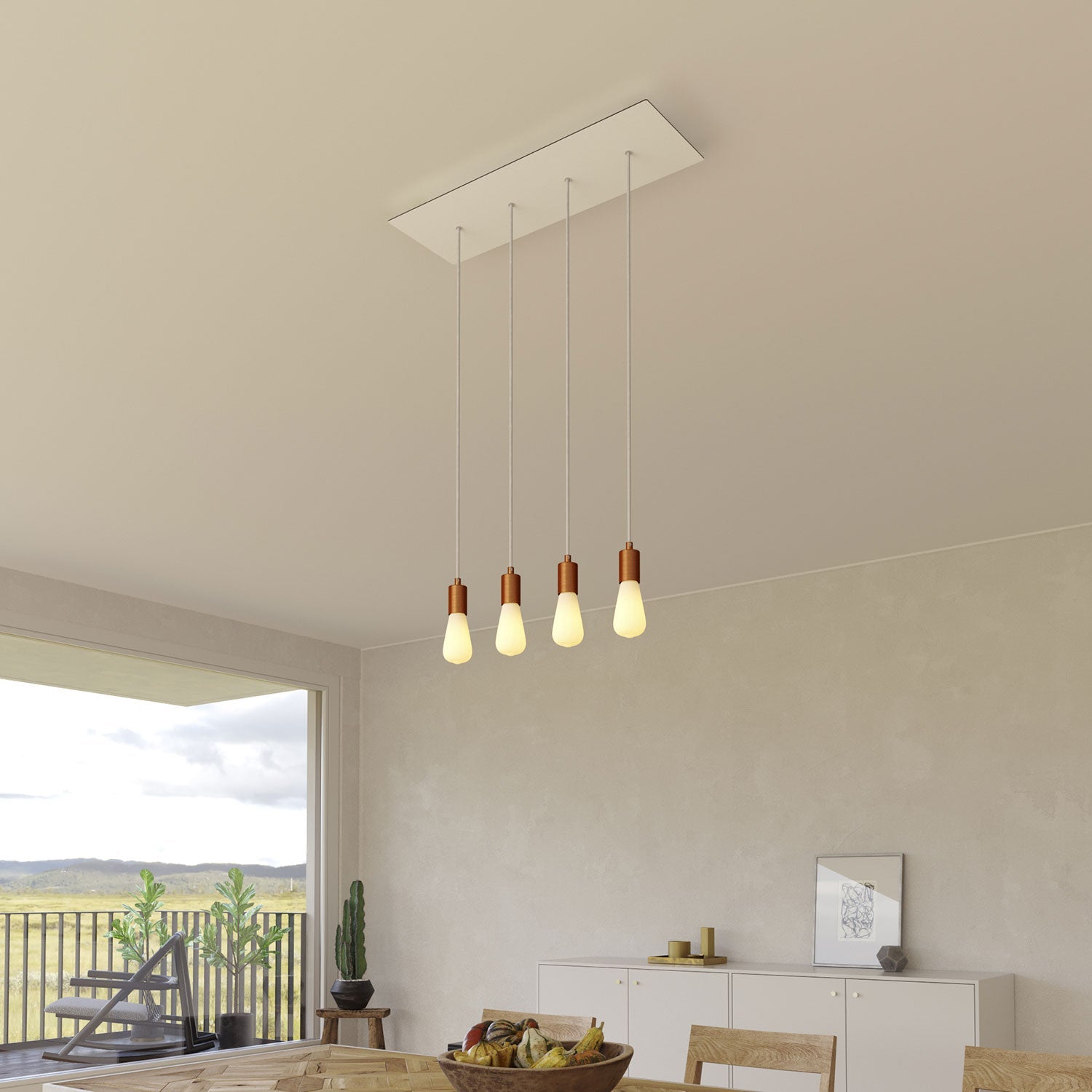 Lampada a sospensione a 4 cadute con XXL Rose-One rettangolare 675 mm con finiture in metallo - Bianco opaco