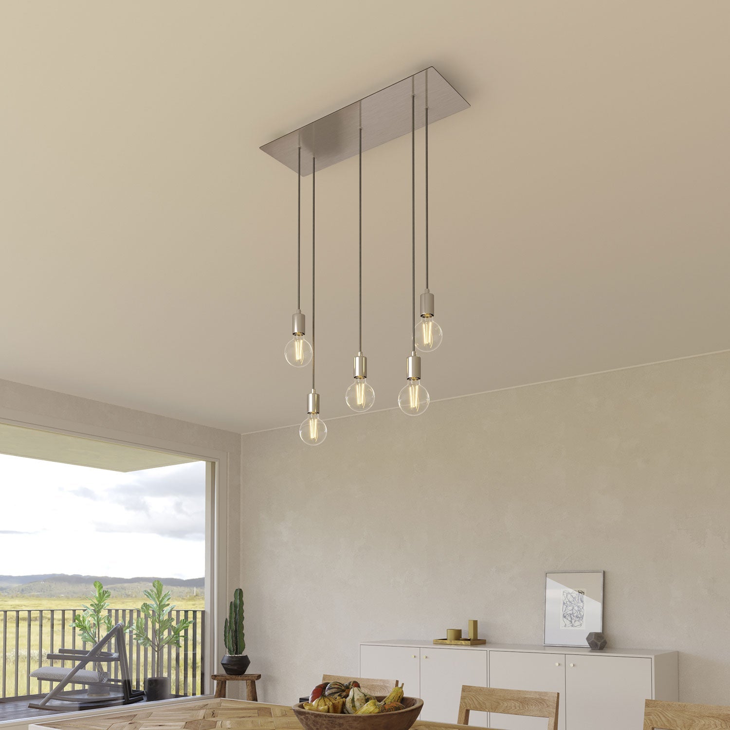Lampada a sospensione a 5 cadute con XXL Rose-One rettangolare 675 mm con finiture in metallo - Acciaio satinato