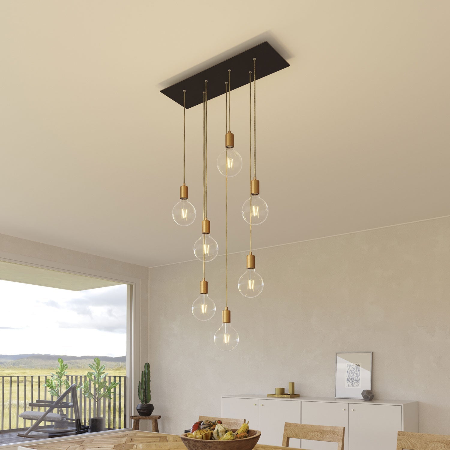 Lampada a sospensione a 7 cadute con XXL Rose-One rettangolare 675 mm con finiture in metallo - Nero opaco