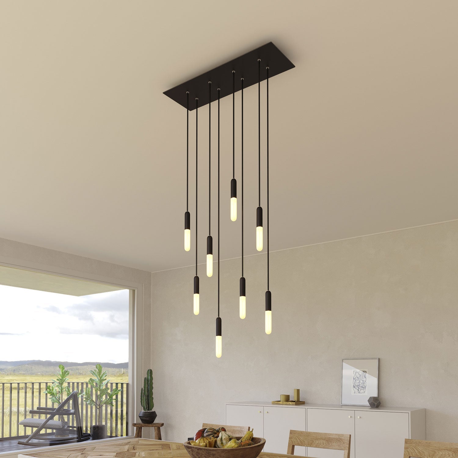 Lampada a sospensione a 8 cadute con XXL Rose-One rettangolare 675 mm con finiture in metallo - Nero opaco