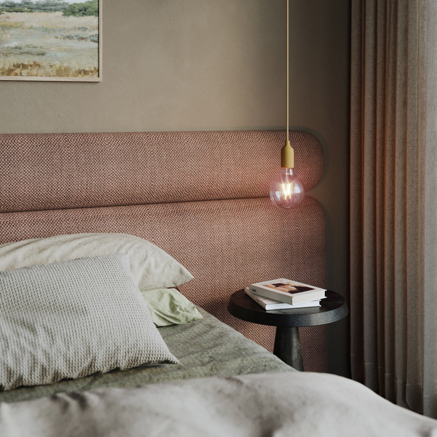 Lampada a sospensione colorata in silicone con cavo tessile - Mostarda