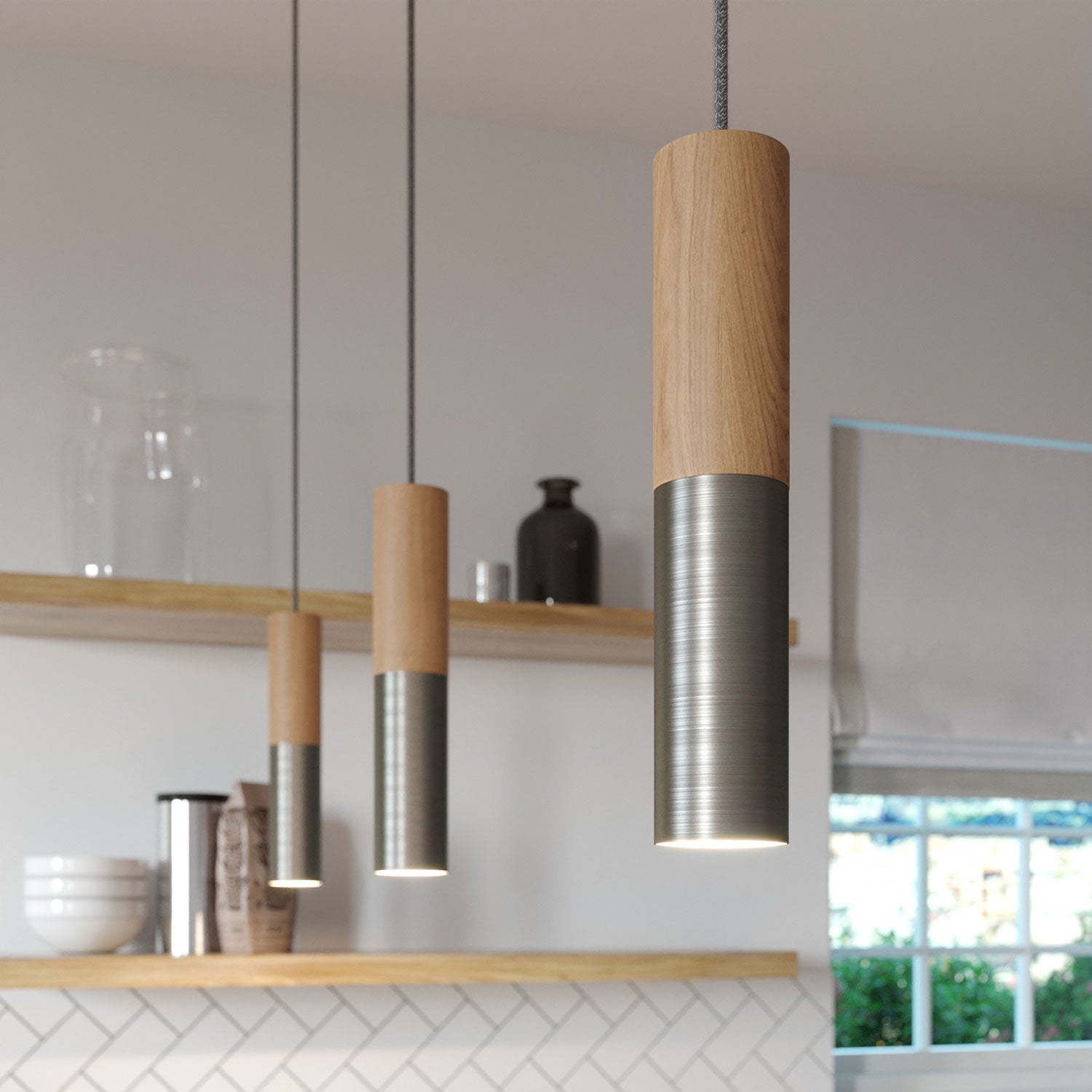 Lampada a sospensione completa di cavo tessile e doppio paralume Tub-E14 in legno e metallo - Titanio satinato