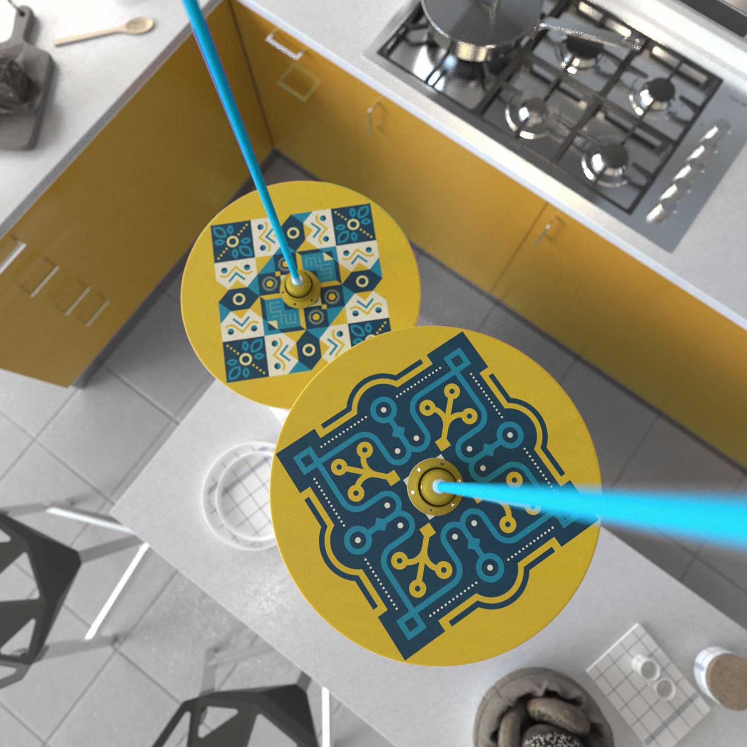 Lampada a sospensione completa di cavo tessile, paralume in legno UFO double-face e finiture in metallo - ODD