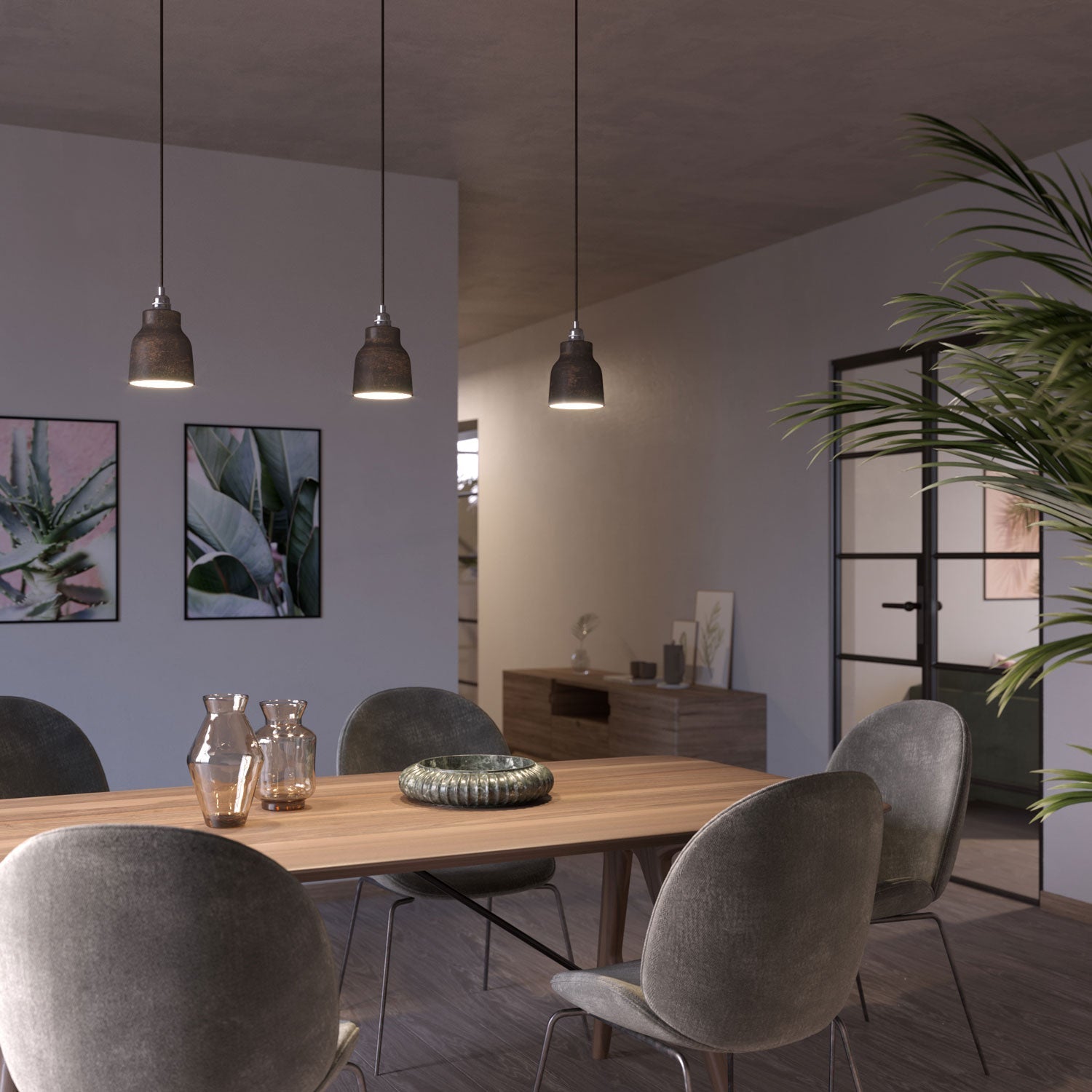 Lampada a sospensione completa di cavo tessile, paralume Vaso in ceramica e finiture in metallo - Effetto corten