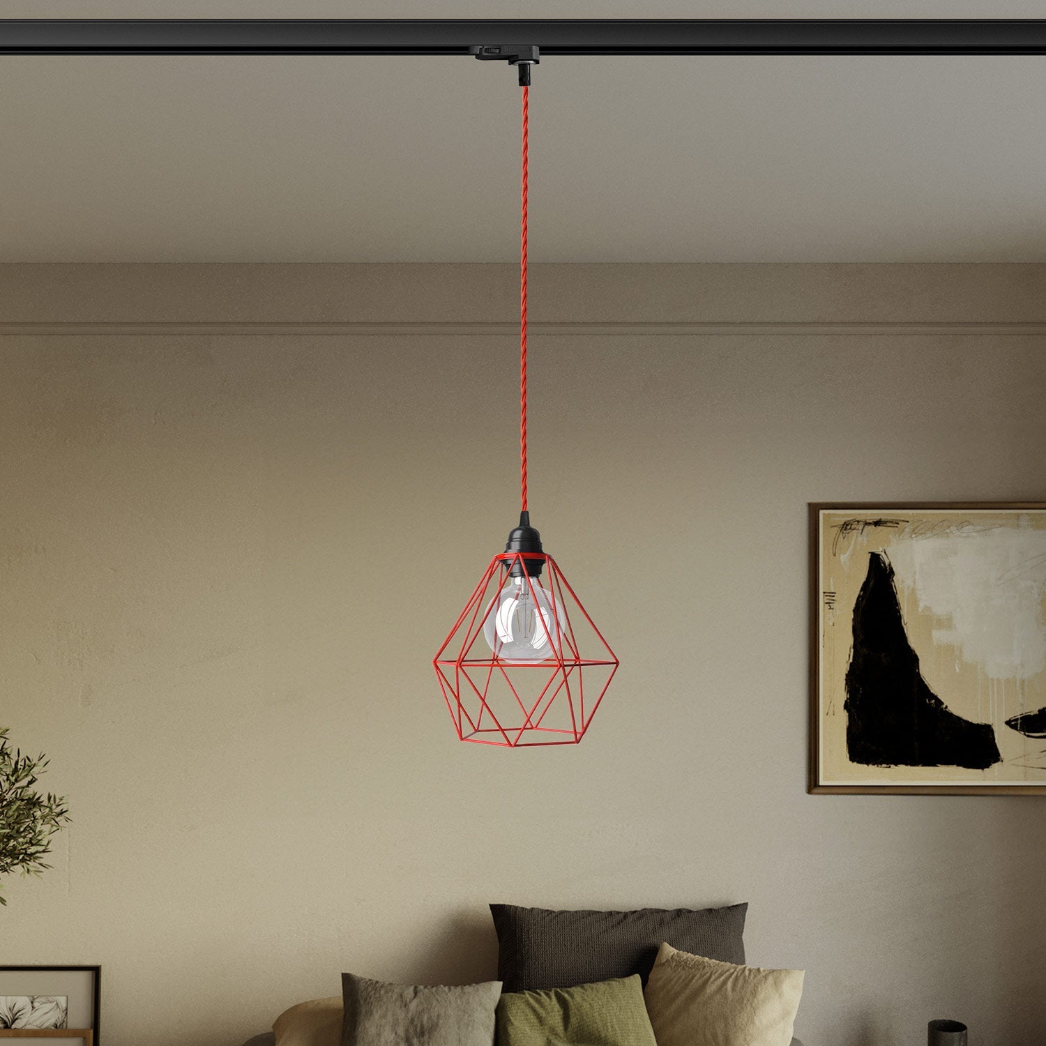 Lampada a sospensione con paralume a gabbia Diamond per binari - Rosso