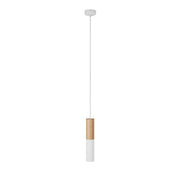 Lampada a sospensione Made in Italy completa di cavo tessile e doppio paralume Tub-E14 in legno e metallo - Bianco opaco