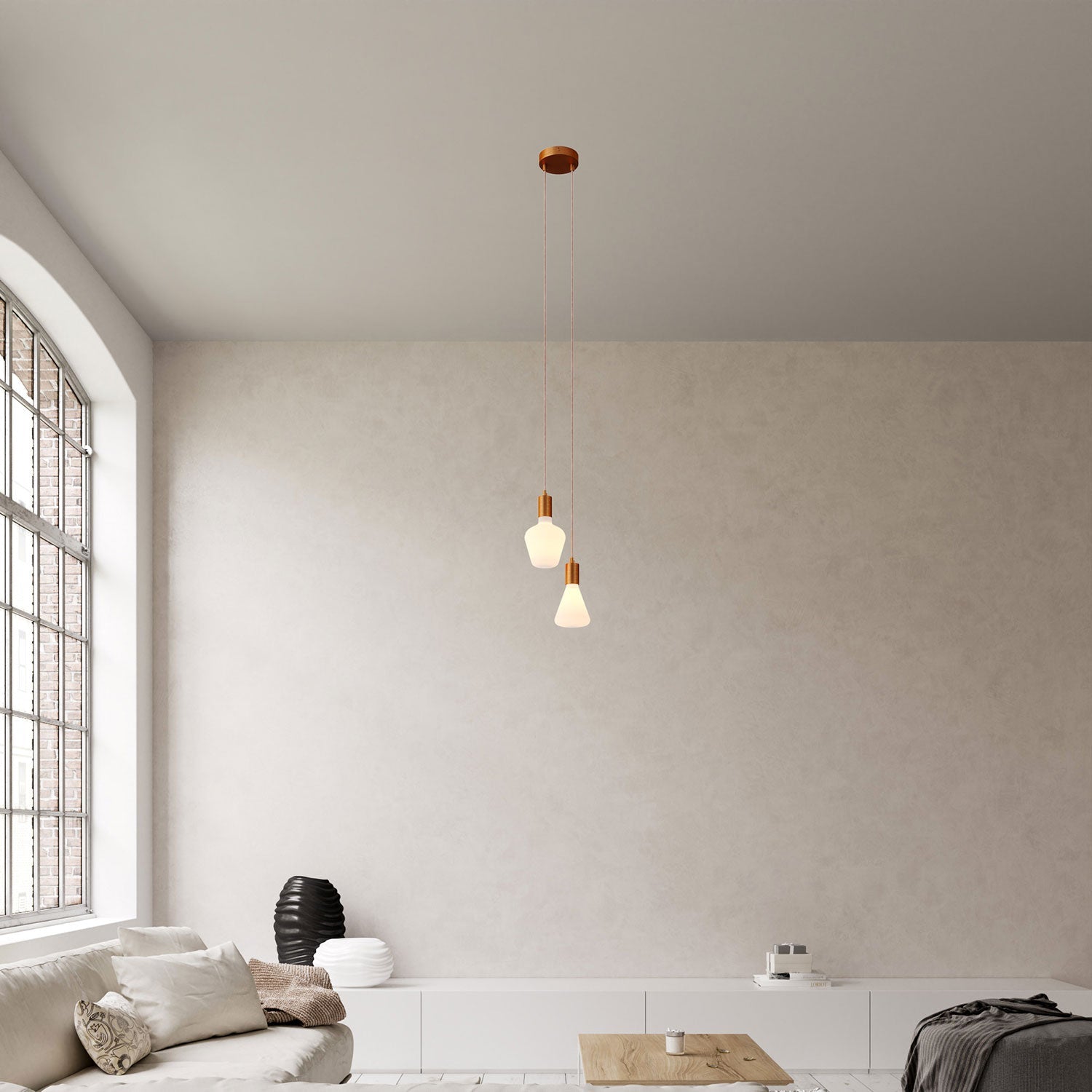 Lampada a sospensione multipla a 2 cadute con finiture in metallo - Rame satinato