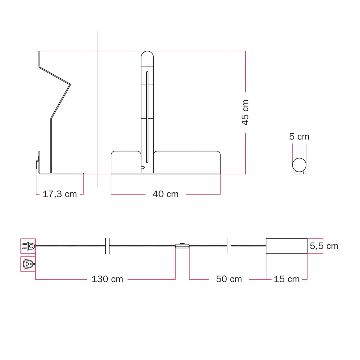 Lampada da parete con mensola e faretto magnetico orientabile - Murio Tubo - Grigio