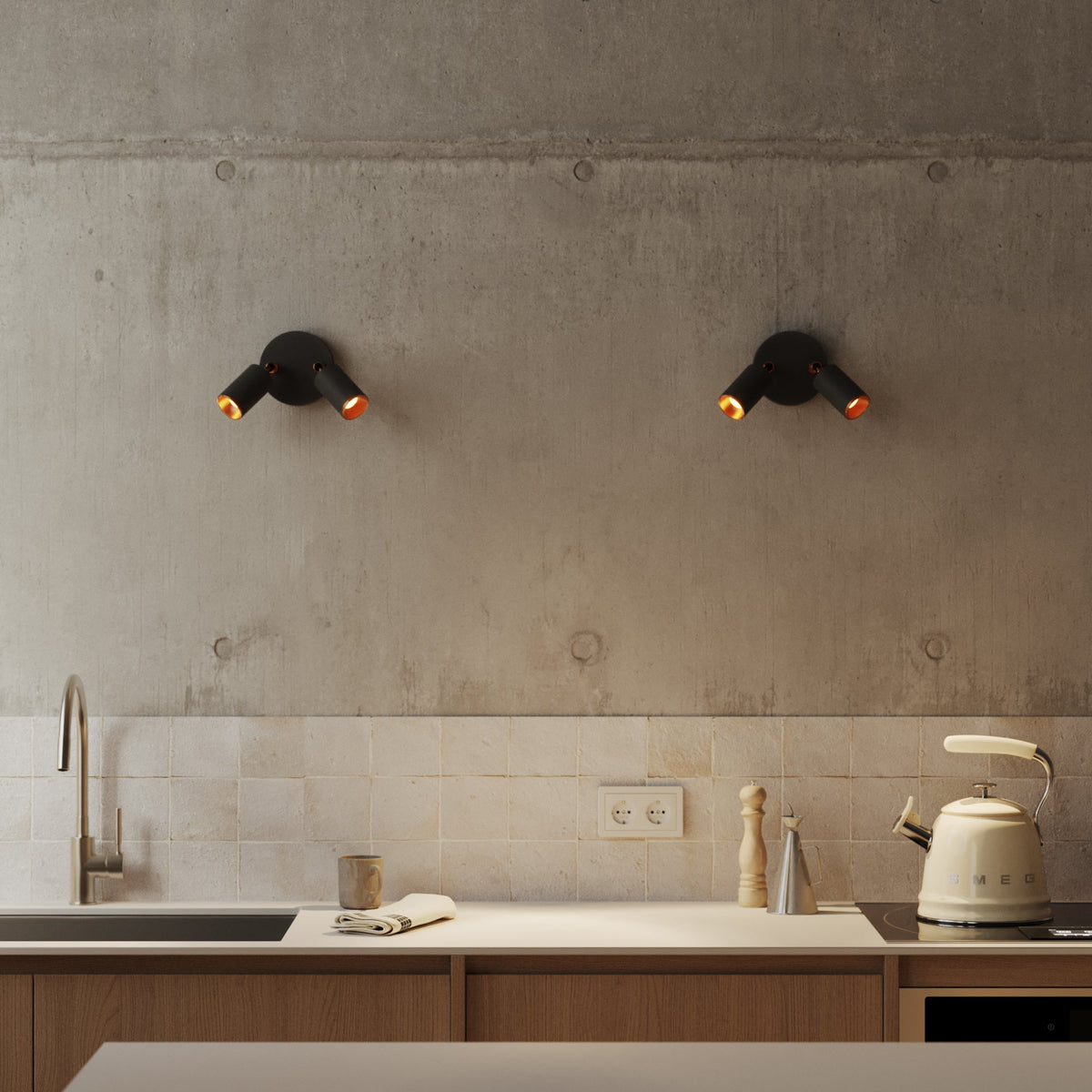 Lampada da parete o soffitto con 2 faretti GU10 Bispot orientabili - Nero / Rame satinato - Creative Cables