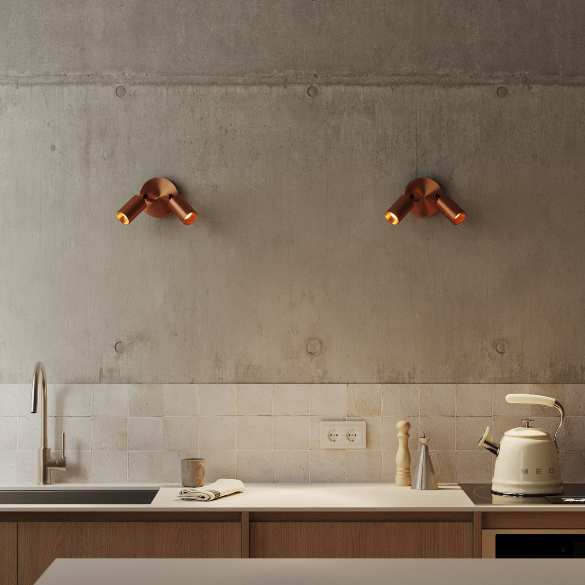 Lampada da parete o soffitto con 2 faretti GU10 Bispot orientabili - Rame satinato - Creative Cables