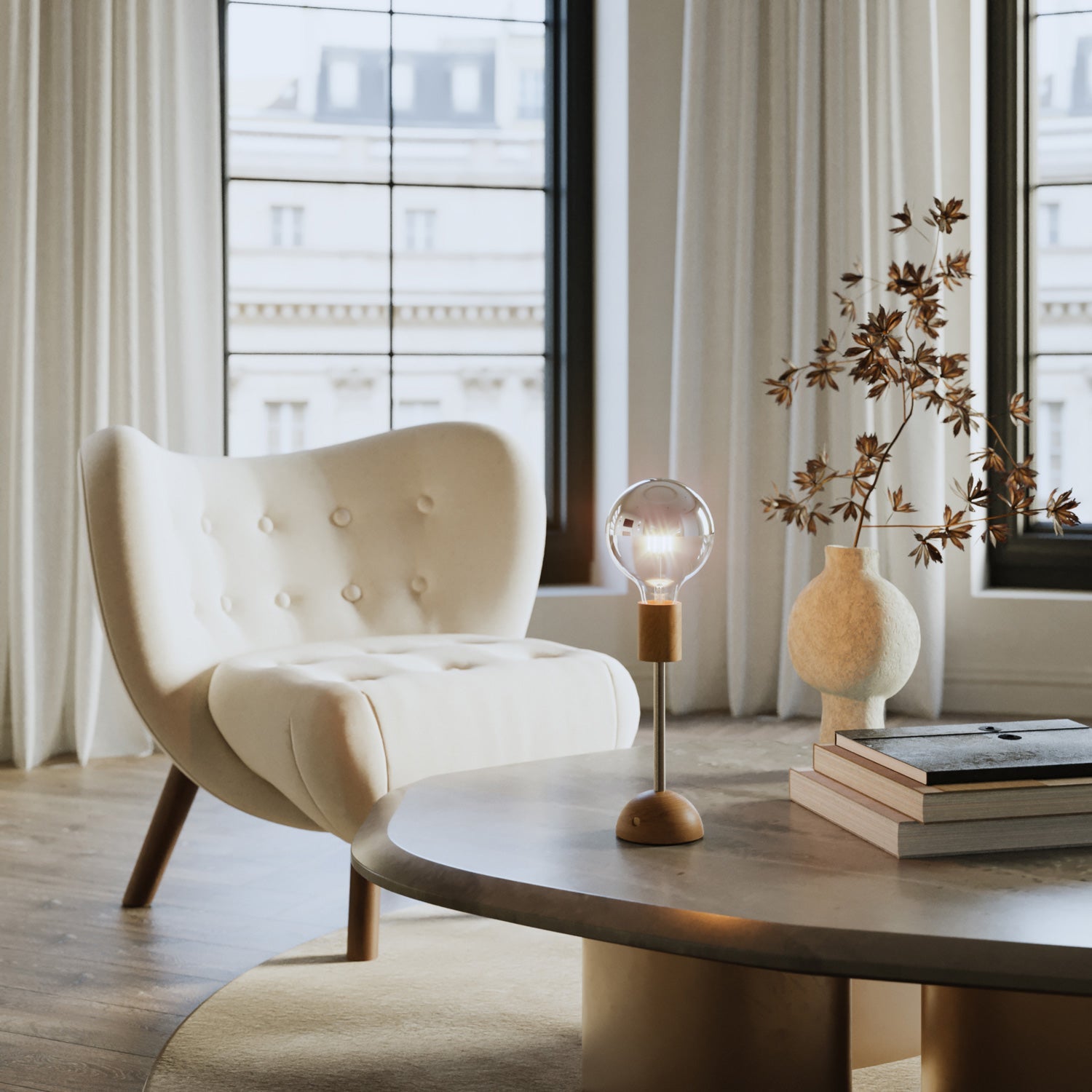 Lampada portatile e ricaricabile Cabless02 con lampadina globo mezza sfera argento - Neutro - Creative Cables