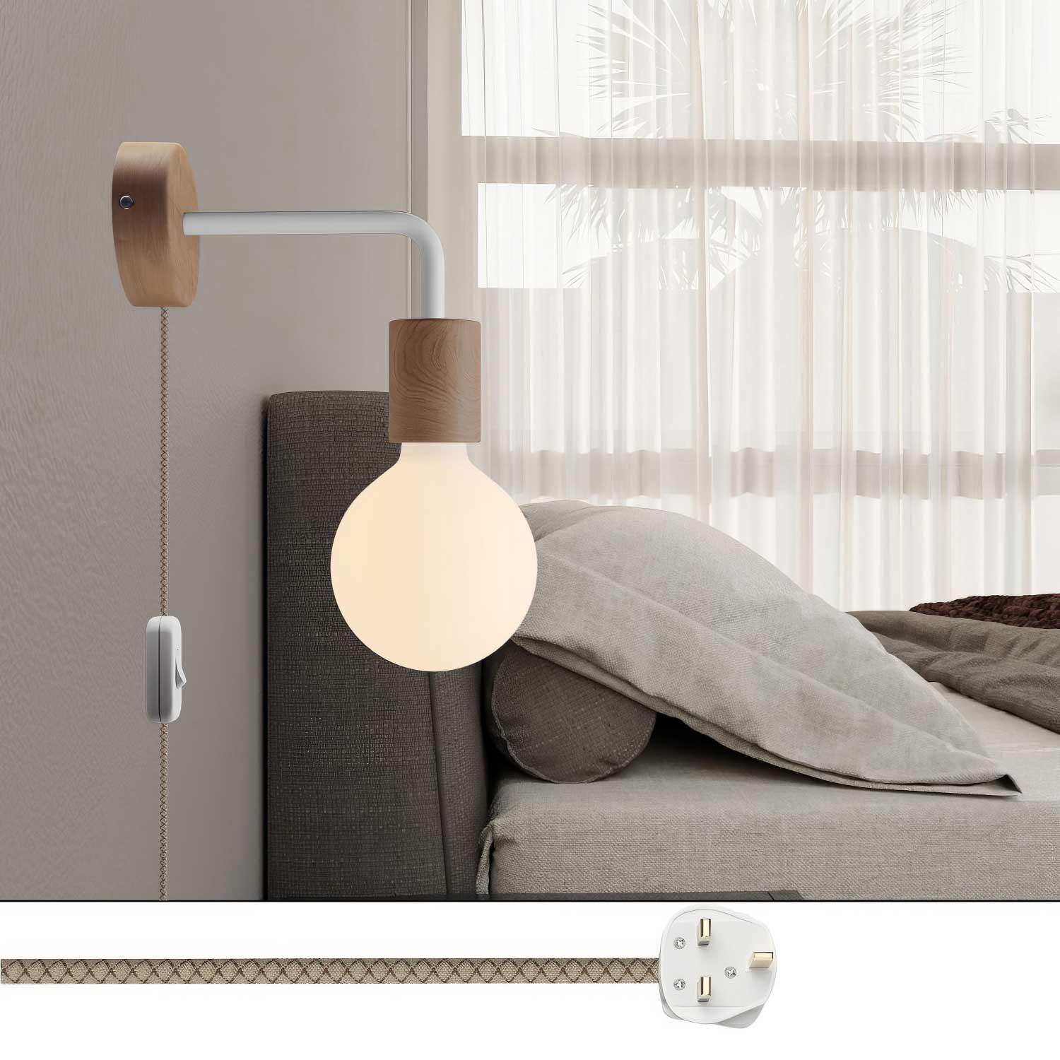 Lampada Spostaluce in legno con estensione curva e spina UK - Neutro
