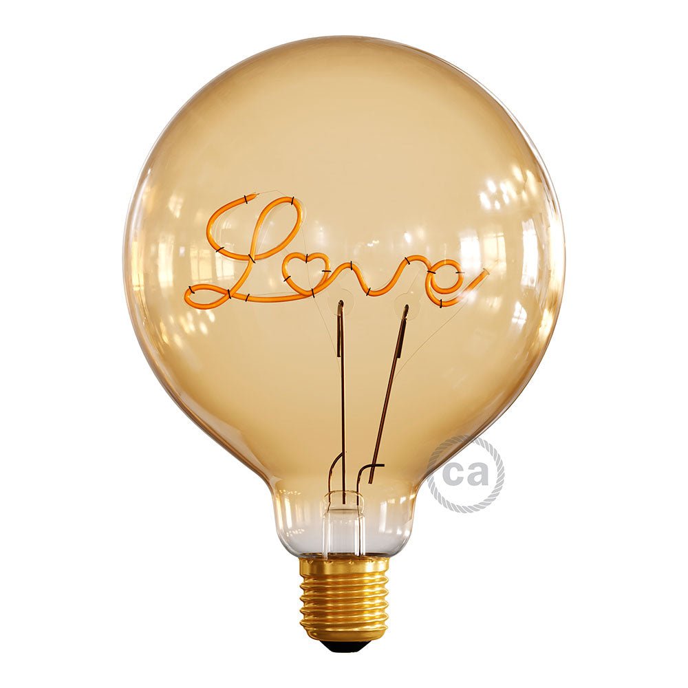Lampadina LED Dorata per base Globo G125 filamento Singolo “Love” 5W 250Lm E27 2000K Dimmerabile - Creative Cables